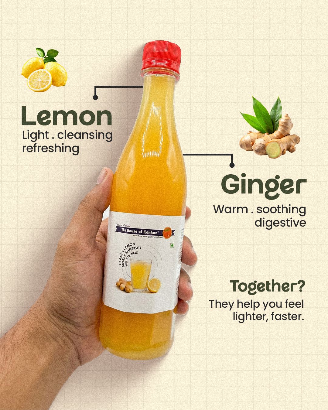 The House of Konkan Classic Lemon Ginger Sharbat, Syrup, 500ml, Pack of 3