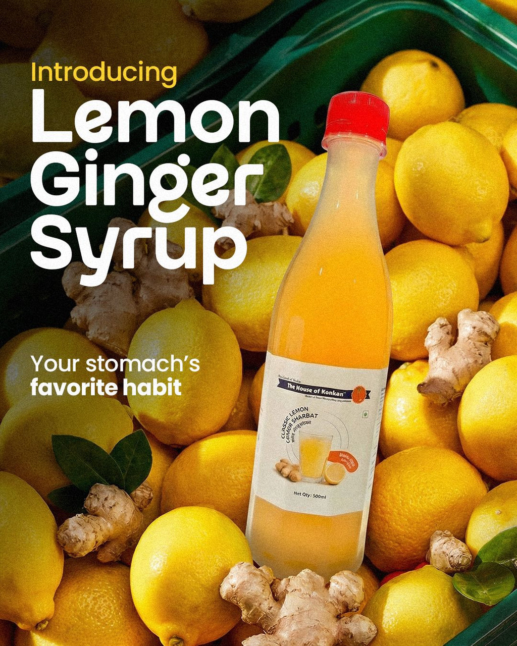 The House of Konkan Classic Lemon Ginger Sharbat, Syrup, 500ml, Pack of 3